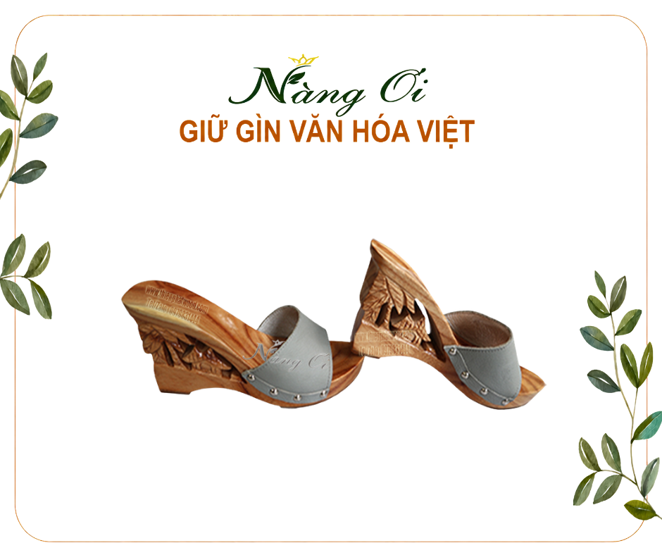 guốc gỗ quê hương cao 10cm quai da thật 100%